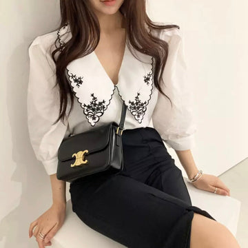 Floral Embroidered Top Puff Sleeve Vintage Style Blouse