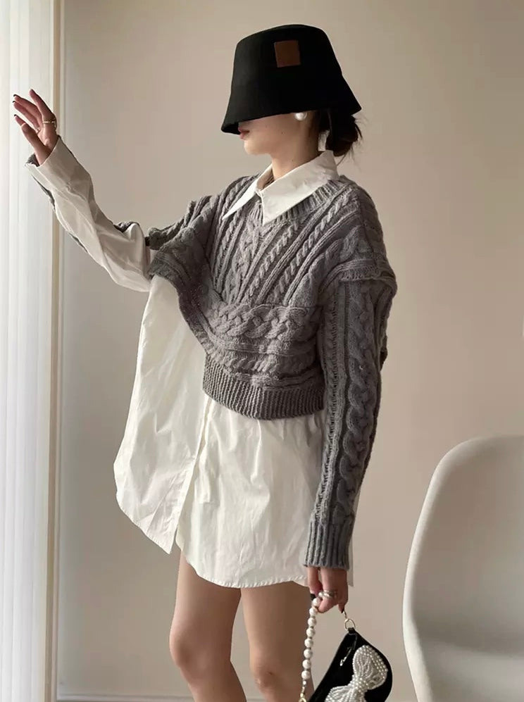 Women's Patchwork Knitting Long Sleeve Casual Loose Blouse