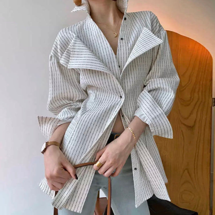 Women Lapel Long Sleeve Striped Casual Blouse