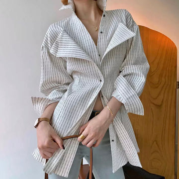 Women Lapel Long Sleeve Striped Casual Blouse Patchwork