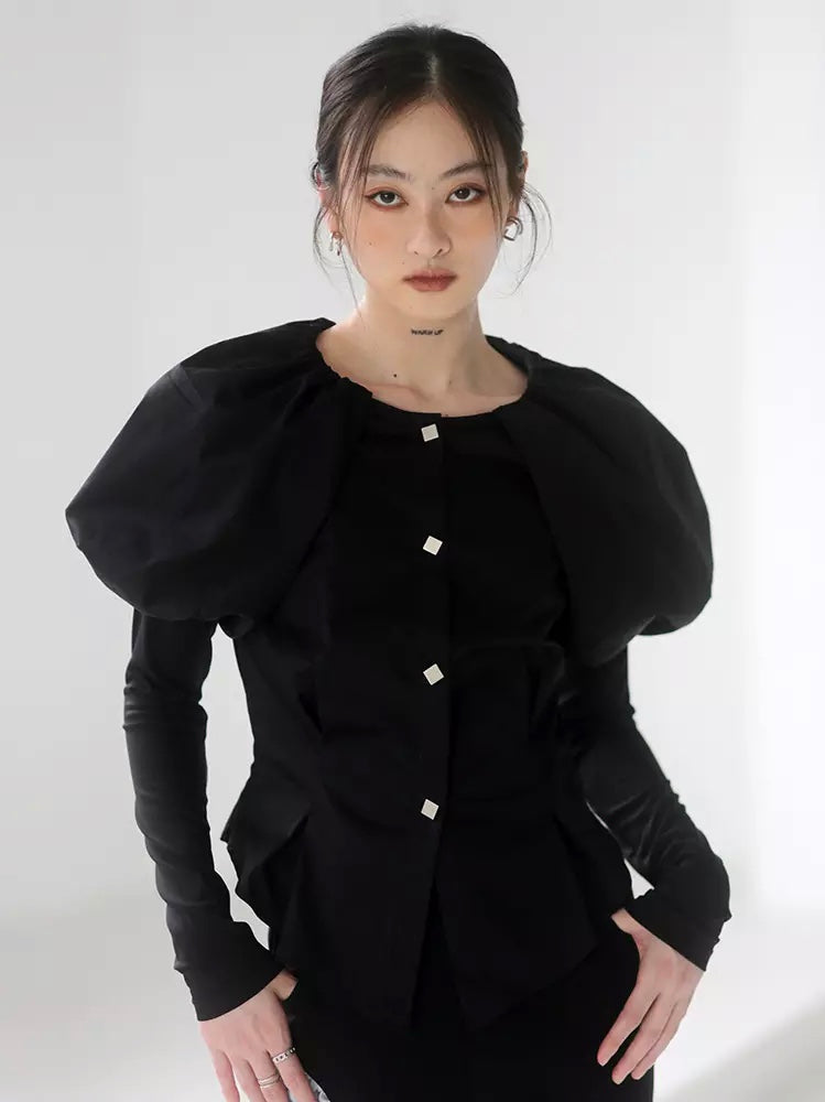 Women's Round Neck Puff Sleeve Solid Minimalist Black Blouse