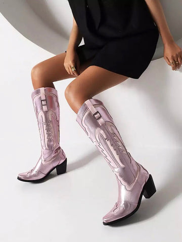 Shiny Metallic Embroidery Knee High Western Cowboy Boots For Women