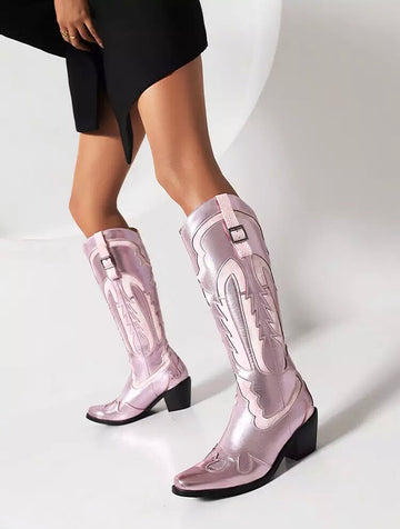 Shiny Metallic Embroidery Knee High Western Cowboy Boots For Women