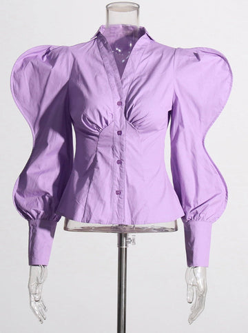 Slim Shirt For Women V Neck Puff Sleeve Solid Ruched Minimalist Button Through Blouses