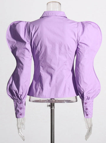 Slim Shirt For Women V Neck Puff Sleeve Solid Ruched Minimalist Button Through Blouses