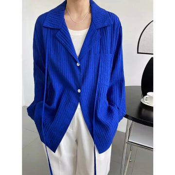 Solid Notched Neck Texture Shirt Blue White Long Sleeve Women's Blouse