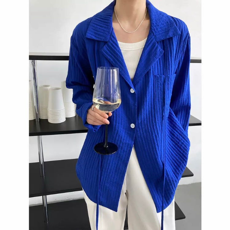 Solid Notched Neck Texture Shirt Blue White Long Sleeve Women's Blouse