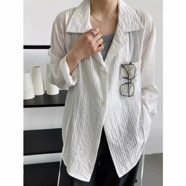 Solid Notched Neck Texture Shirt Blue White Long Sleeve Women's Blouse