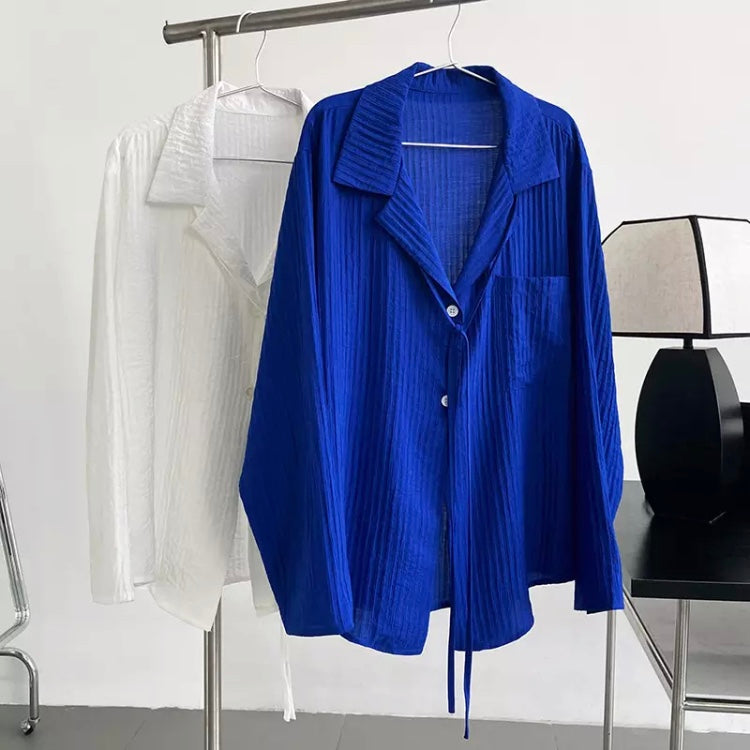 Solid Notched Neck Texture Shirt Blue White Long Sleeve Women's Blouse