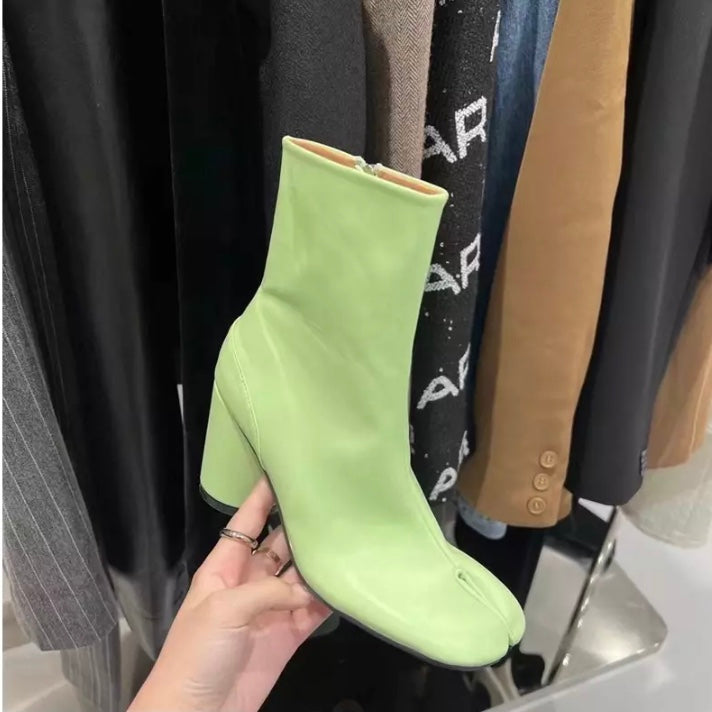 Split Toe Boots For Women PU Leather Ankle Boots Autumn Winter