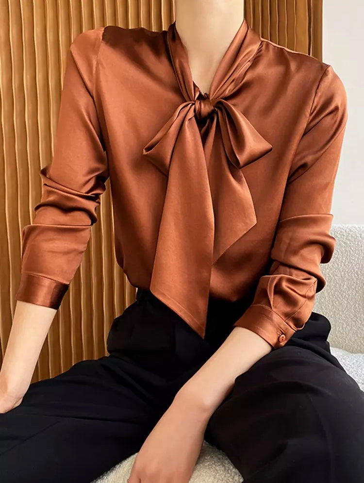 Women's Straight Bowknot Collar Long Sleeve Solid Minimalist Blouse