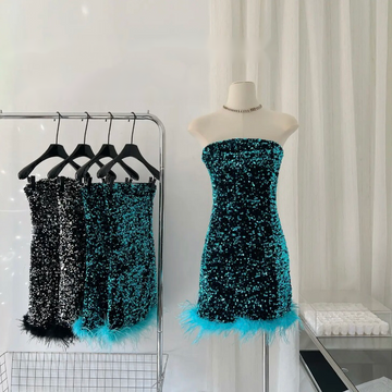 Strapless Feather Sequined Tube Dress