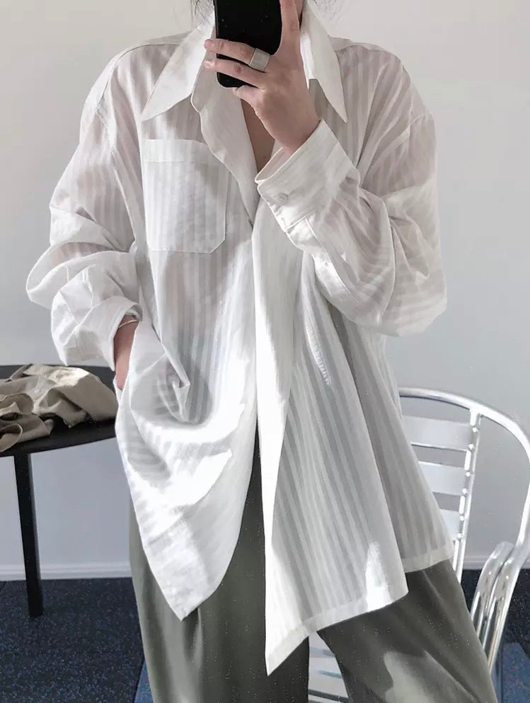 Striped Lapel Long Sleeve Loose Casual Blouse