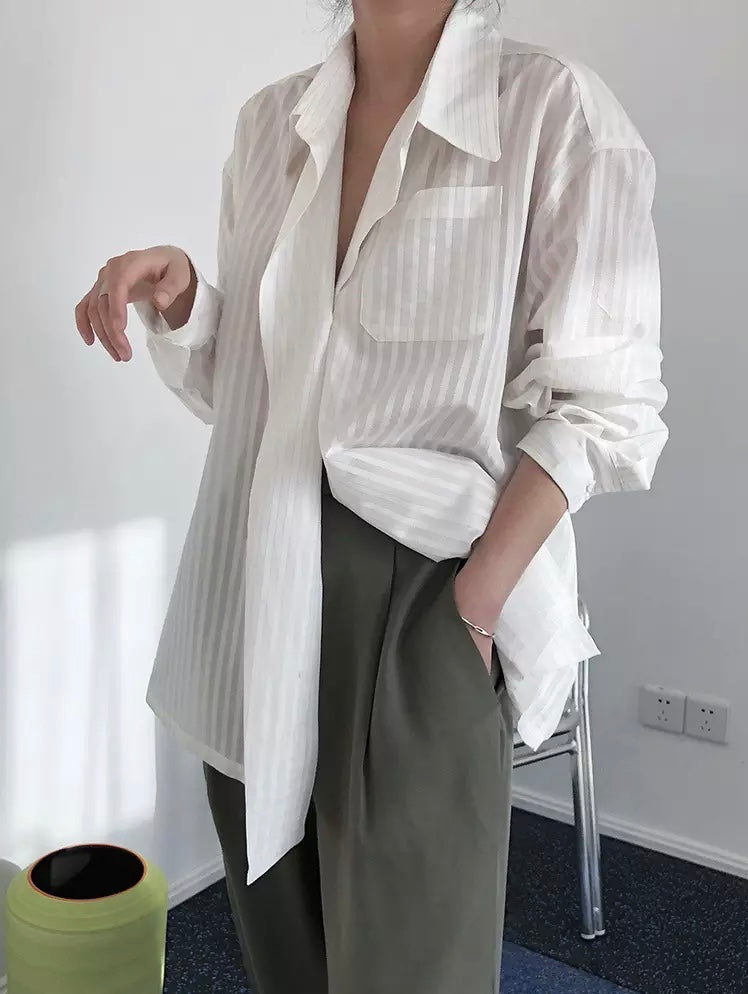 Striped Lapel Long Sleeve Loose Casual Blouse