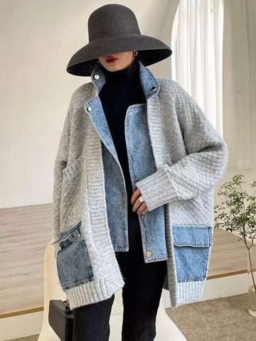 Vintage Colorblock Denim Patchwork Casual Jacket For Women